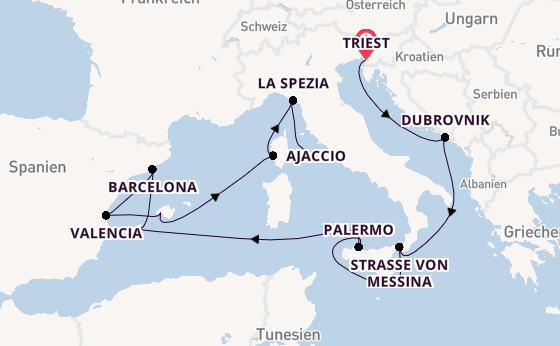 Westliches Mittelmeer ab Triest, Italien auf der Queen Elizabeth