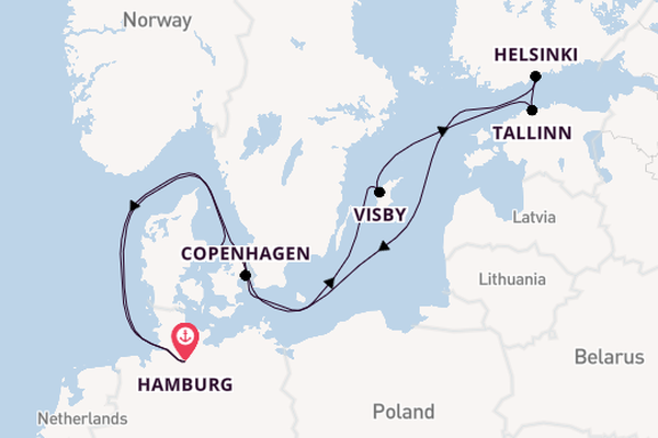 Baltic Sea from Hamburg, Germany with the Queen Anne