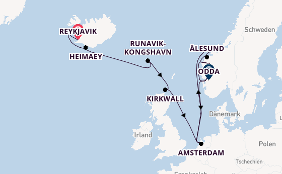 Norwegen ab Reykjavik, Island auf der Zuiderdam