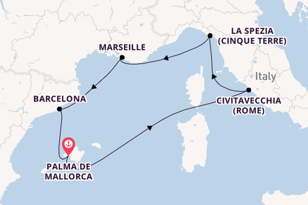 Westelijke Middellandse Zee vanaf Palma de Mallorca, Mallorca, Spanje met AIDAbella