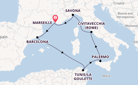 Westelijke Middellandse Zee vanaf Marseille, Frankrijk met de Costa Pacifica