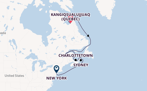 Amerikaanse Oostkust vanaf Kangiqsualujjuaq (Quebec), Canada met de Queen Mary 2
