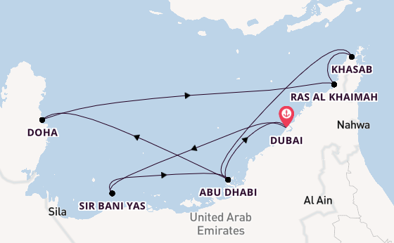 Perzische Golf vanaf Dubai, Verenigde Arabische Emiraten met de Celestyal Discovery
