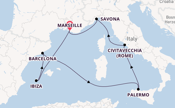 Westelijke Middellandse Zee vanaf Marseille, Frankrijk met de Costa Smeralda
