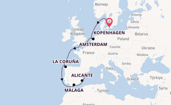 Westelijke Middellandse Zee vanaf Kopenhagen, Denemarken met de MSC Euribia