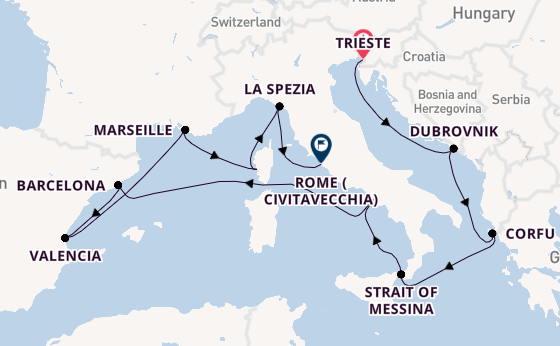 Western Mediterranean from Trieste, Italy with the Queen Elizabeth