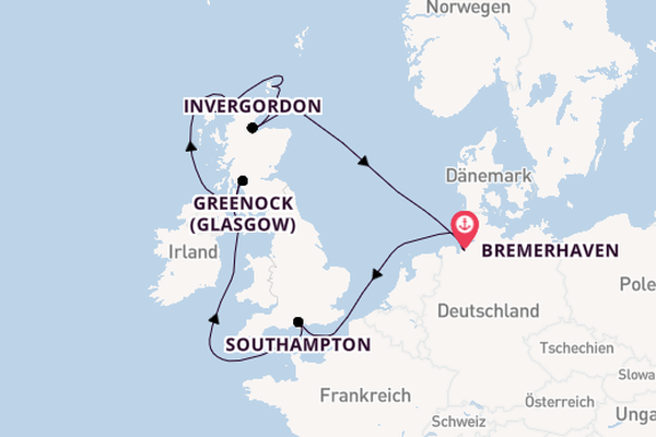 Vereinigtes Königreich ab Bremerhaven, Deutschland auf der Mein Schiff 2
