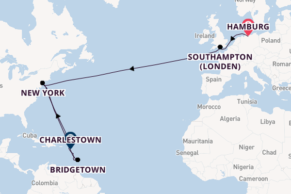 trans-Atlantisch vanaf Hamburg, Duitsland met de Queen Mary 2