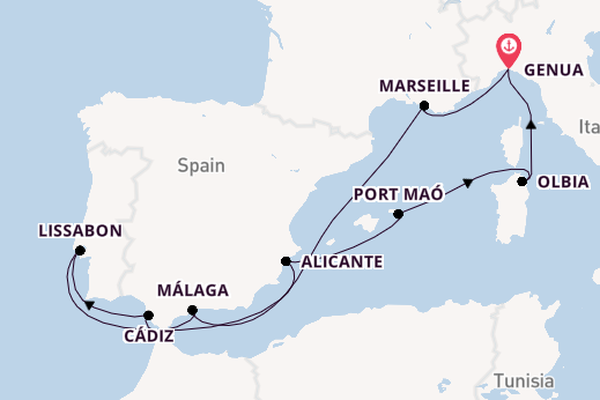 Westelijke Middellandse Zee vanaf Genua, Italië met de MSC Opera