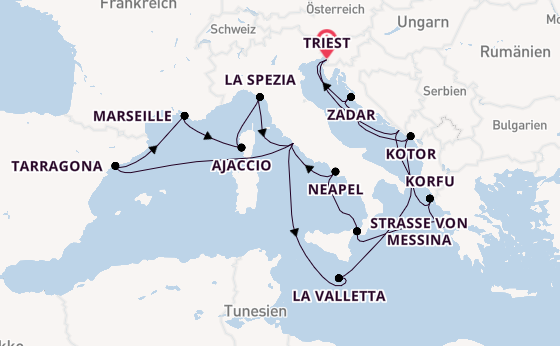 Mittelmeer ab Triest, Italien auf der Queen Elizabeth