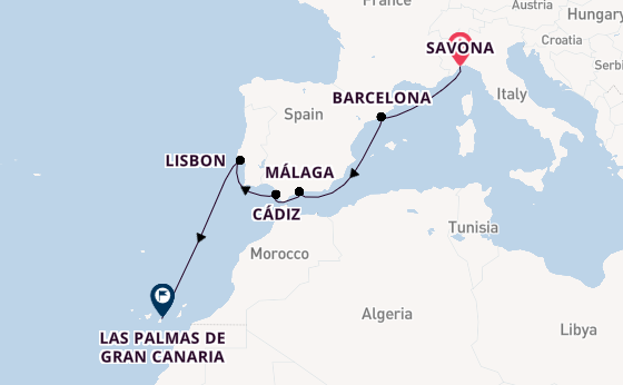 Western Mediterranean from Savona, Italy with the Costa Diadema