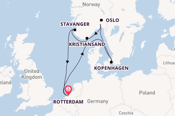 Noorwegen vanaf Rotterdam, Nederland met de Rotterdam