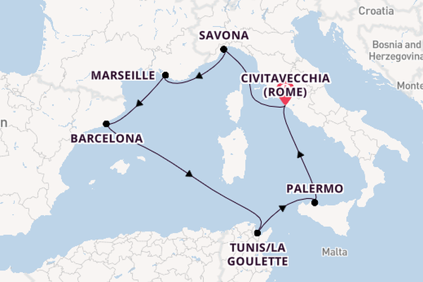 Westelijke Middellandse Zee vanaf Civitavecchia (Rome), Italië met de Costa Smeralda