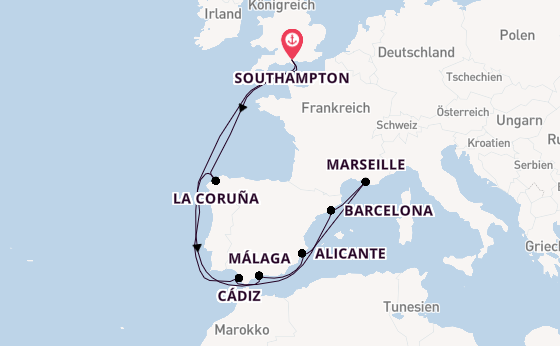 Westliches Mittelmeer ab Southampton, Großbritannien auf der Arvia