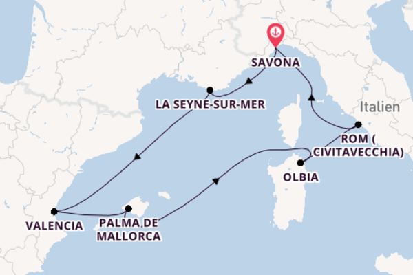 Westliches Mittelmeer ab Savona, Italien auf der Costa Pacifica