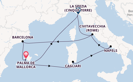 Westelijke Middellandse Zee vanaf Palma de Mallorca, Mallorca, Spanje met AIDAcosma