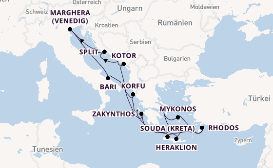 Östliches Mittelmeer ab Piräus (Athen), Griechenland auf der Costa Deliziosa