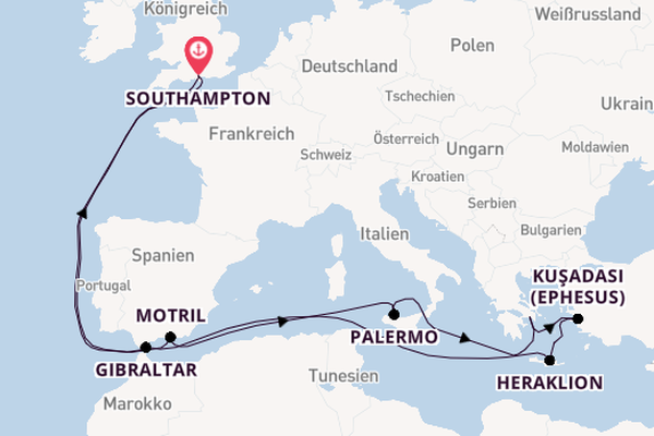 Mittelmeer ab Southampton, Großbritannien auf der Arcadia