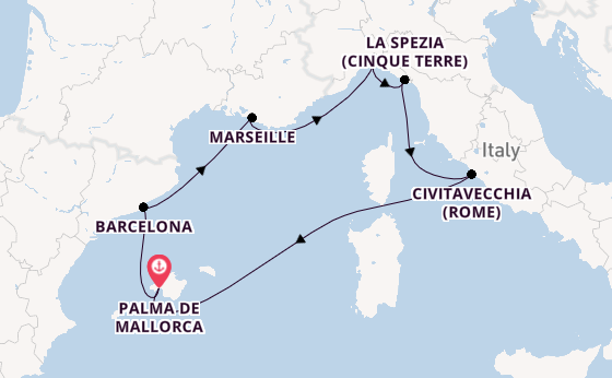 Westelijke Middellandse Zee vanaf Palma de Mallorca, Mallorca, Spanje met de MSC World Europa