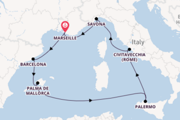 Westelijke Middellandse Zee vanaf Marseille, Frankrijk met de Costa Smeralda