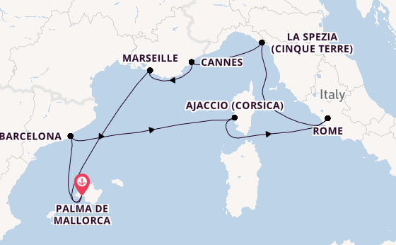 Westelijke Middellandse Zee vanaf Palma de Mallorca, Mallorca, Spanje met de Mein Schiff 1