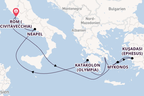 Einmalige Kreuzfahrt über Mykonos nach Rom (Civitavecchia)