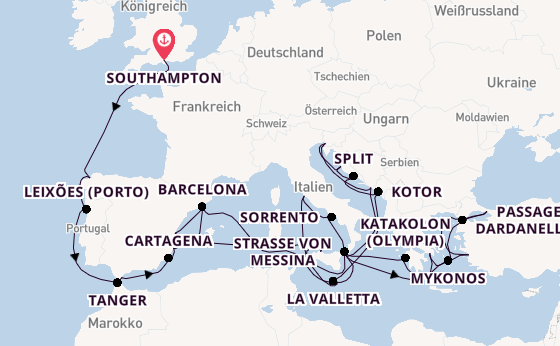 Mittelmeer ab Southampton, Großbritannien auf der Queen Elizabeth