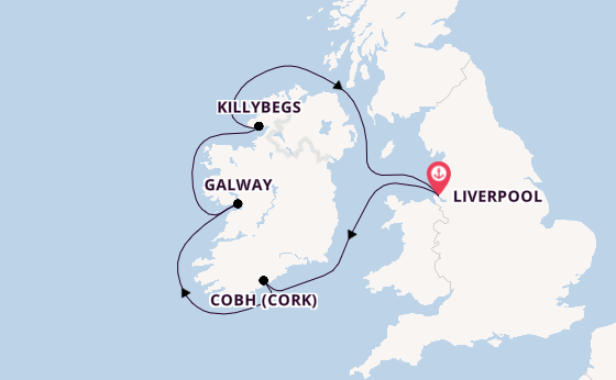 British Isles from Liverpool, England with the Borealis