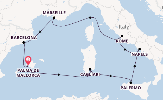 Westelijke Middellandse Zee vanaf Palma de Mallorca, Mallorca, Spanje met de Mein Schiff Flow