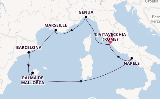 Westelijke Middellandse Zee vanaf Civitavecchia (Rome), Italië met de Costa Toscana