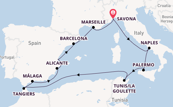 Western Mediterranean from Savona, Italy with the Costa Pacifica