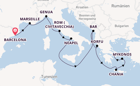 Mittelmeer ab Barcelona, Spanien auf der Sun Princess