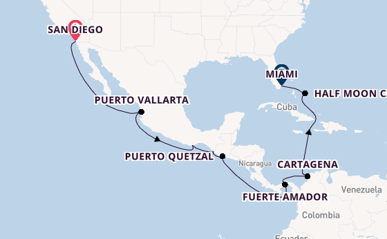 Midden-Amerika vanaf San Diego, Verenigde Staten met de Zuiderdam