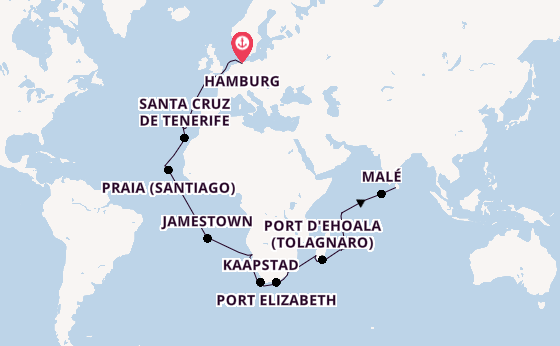 Indische Oceaan vanaf Hamburg, Duitsland met de Artania