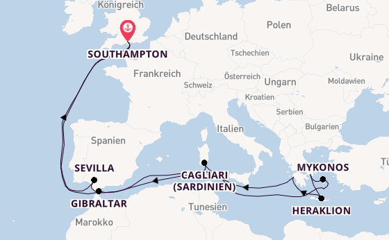 Mittelmeer ab Southampton, Großbritannien auf der Queen Anne
