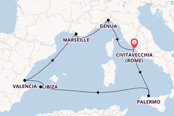 Westelijke Middellandse Zee vanaf Civitavecchia (Rome), Italië met de MSC Grandiosa
