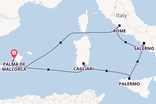 Westelijke Middellandse Zee vanaf Palma de Mallorca, Mallorca, Spanje met de Mein Schiff 3