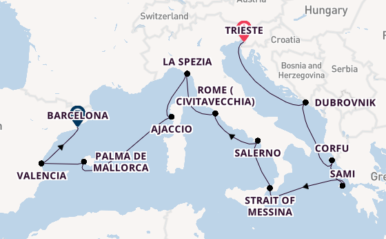 Western Mediterranean from Trieste, Italy with the Queen Elizabeth