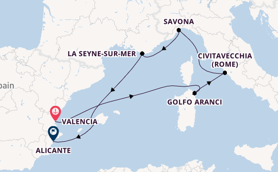 Westelijke Middellandse Zee vanaf Valencia, Spanje met de Costa Pacifica
