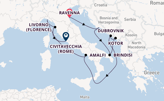 Middellandse Zee vanaf Ravenna, Italië met de Celebrity Constellation