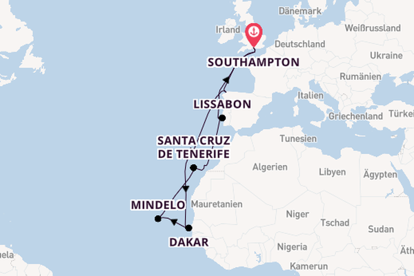 Portugal ab Southampton, Großbritannien auf der Queen Mary 2