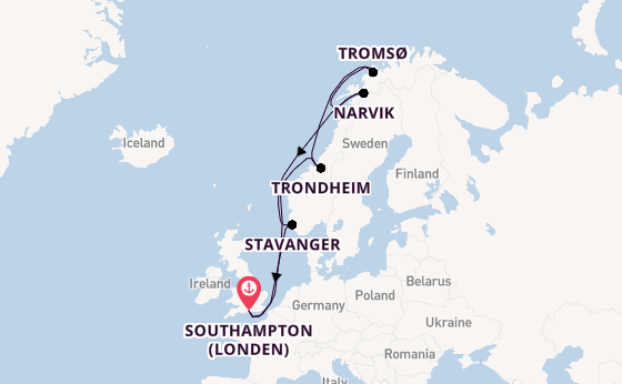 Noorwegen vanaf Southampton (Londen), Engeland met de Queen Anne
