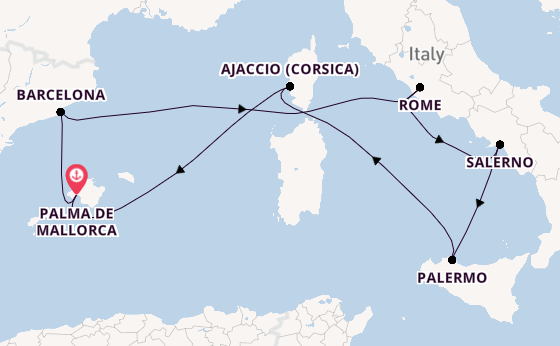 Westelijke Middellandse Zee vanaf Palma de Mallorca, Mallorca, Spanje met de Mein Schiff Flow