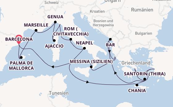 Mittelmeer ab Barcelona, Spanien auf der Sun Princess