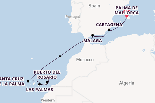 Canarische Eilanden vanaf Palma de Mallorca, Mallorca, Spanje met AIDAcosma