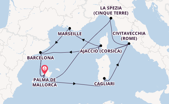 Westelijke Middellandse Zee vanaf Palma de Mallorca, Mallorca, Spanje met AIDAcosma