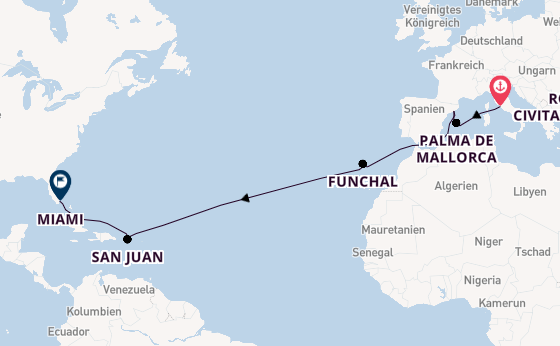 Transatlantik ab Civitavecchia (Rom), Italien auf der MSC Grandiosa