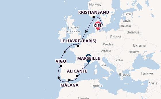 Western Mediterranean from Kiel, Germany with the Costa Diadema