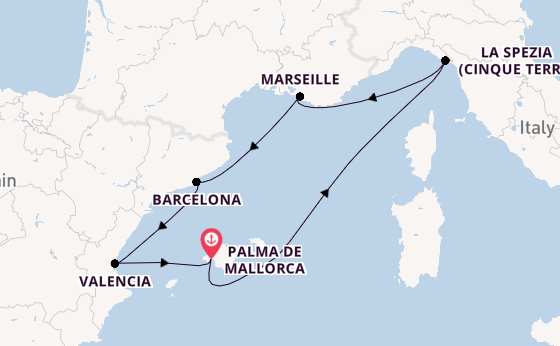Westelijke Middellandse Zee vanaf Palma de Mallorca, Mallorca, Spanje met de Mein Schiff 4