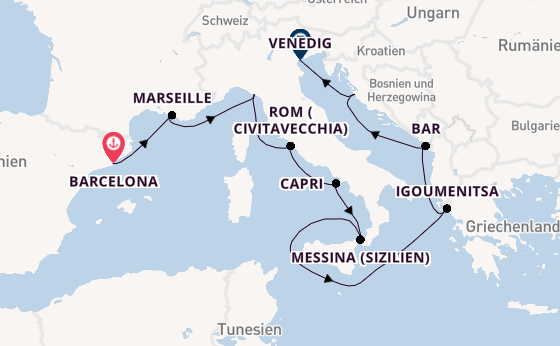 Mittelmeer ab Barcelona, Spanien auf der Sirena
